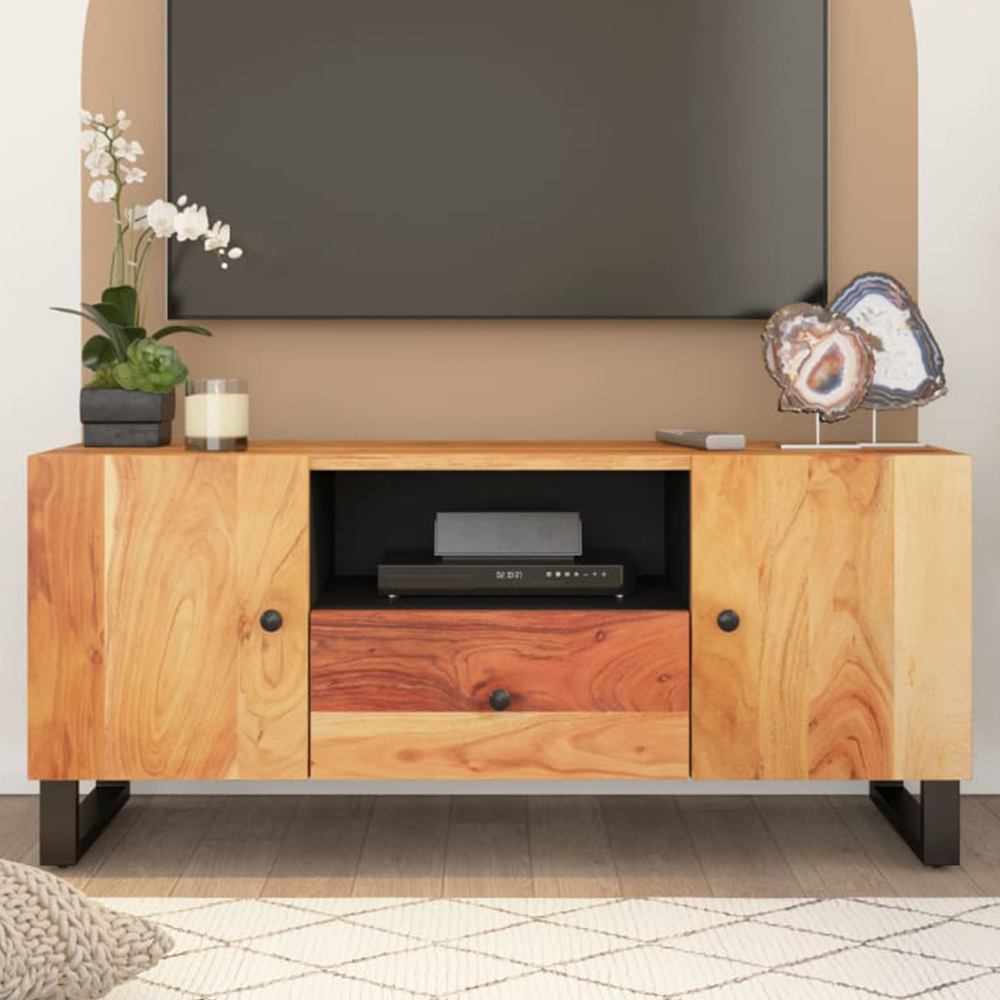 vidaXL 2 Door Single Drawer Brown Solid Wood Acacia TV Cabinet with Metal Stand Image 1