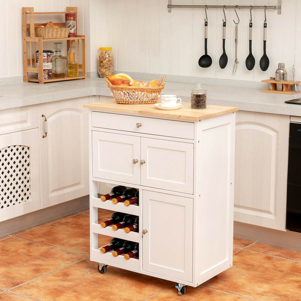 Costway White 3 Door Single Drawer and 3 Wine Racks Rolling Kitchen Cart Image 2