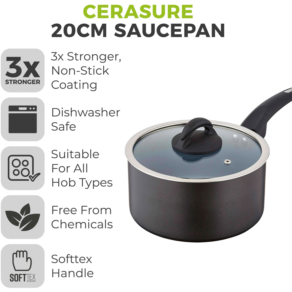 Tower Cerasure 20cm Black Aluminium Non-Stick Saucepan with Glass Lid Image 3