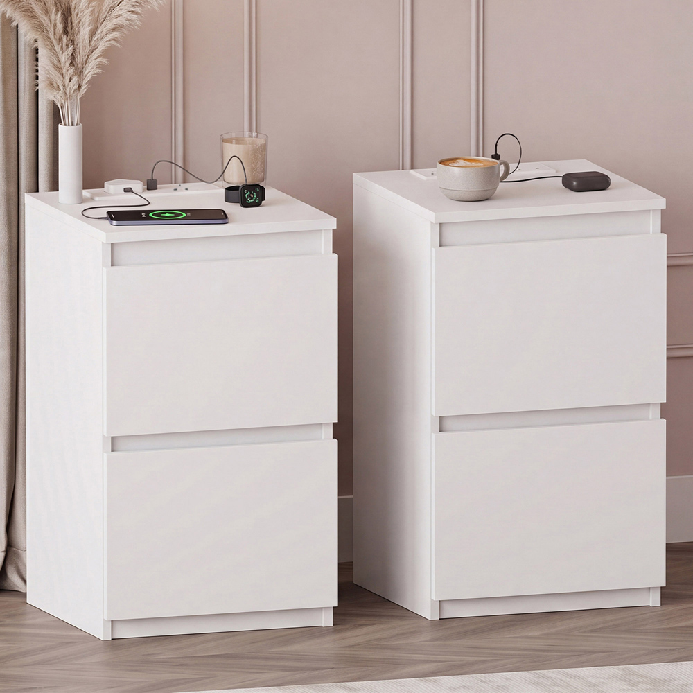 VIDA DESIGNS Denver 2 Drawer White Bedside Chest with Power Outlet Set of 2 Image 1