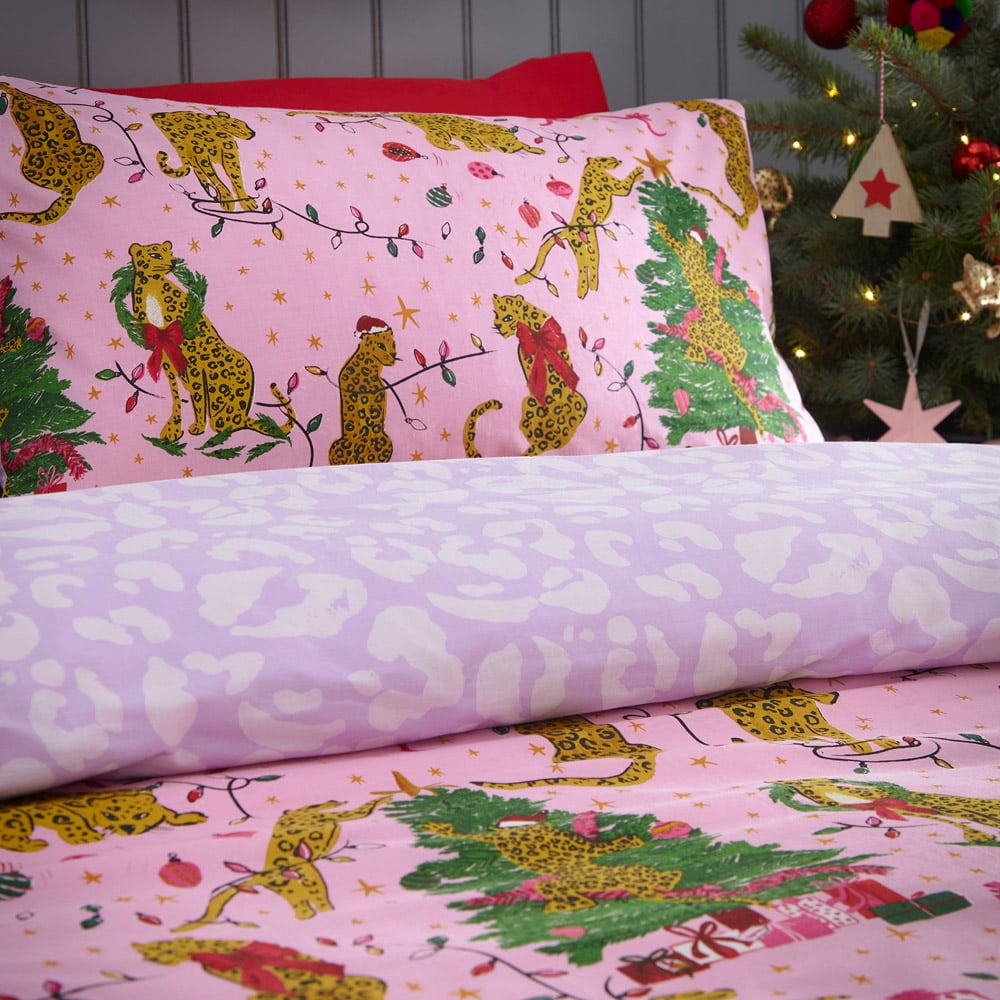 furn. Purrfect Super King Size Pink and Lilac Abstract Leopard Duvet Cover Set Image 3