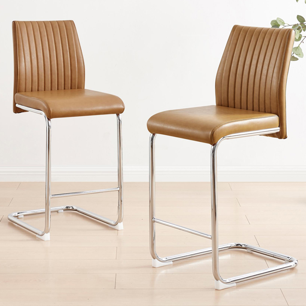 Furniturebox Fontana Tan and Silver Faux Leather Bar Chair Set of 2 Image 1