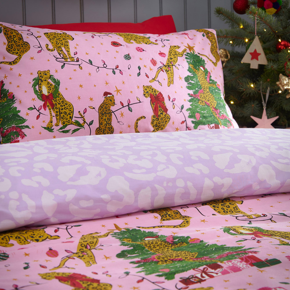 furn. Purrfect King Size Pink and Lilac Abstract Leopard Duvet Cover Set Image 3