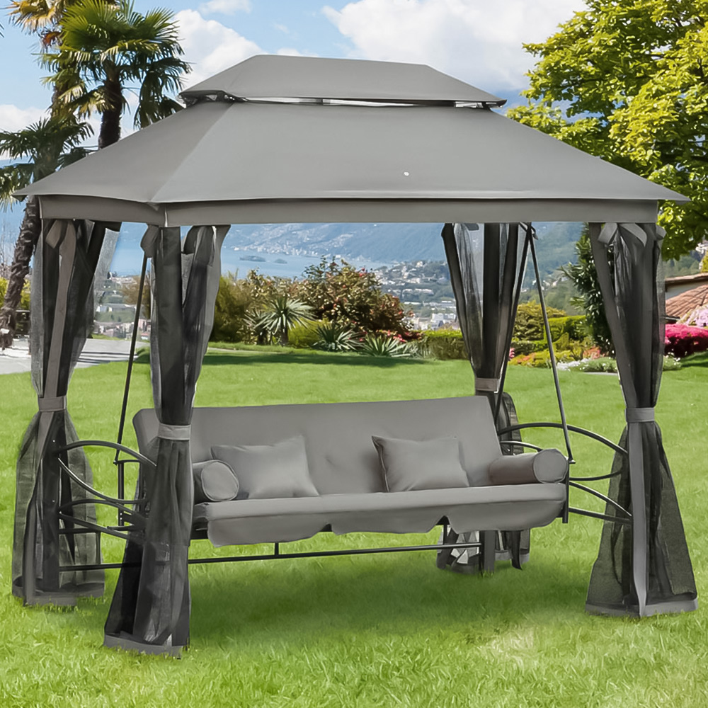 Outsunny 3 Seater Grey Swing Chair Hammock Gazebo with Mesh Sidewalls Image 1