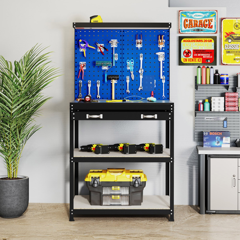Costway Navy Workbench with Pegboard and Shelves 81 x 41cm Image 3