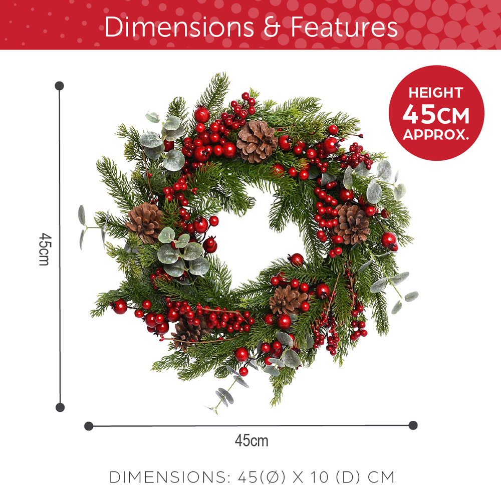 The Christmas Workshop Artificial Wreath with Pinecones Eucalyptus and Red Berries 45cm Image 7