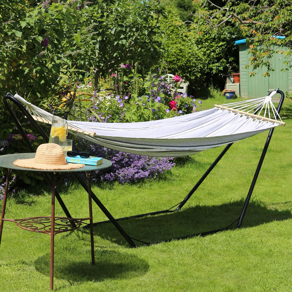 Harbour Housewares Grey and White Stripe Cotton Garden Hammock with Stand Image 1