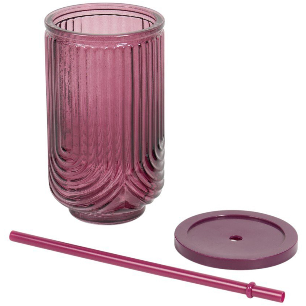 Ribbed Glass with Lid and Straw Purple Image 3