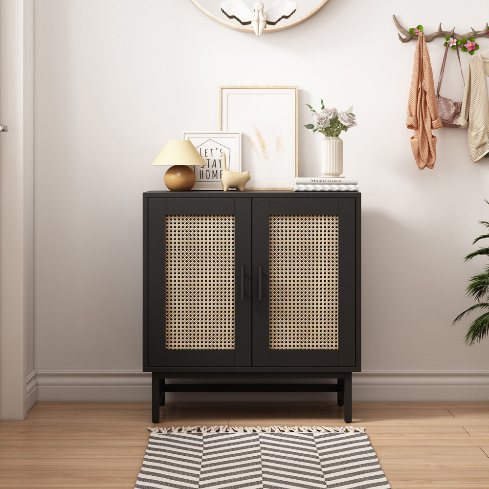 FurnitureHMD 2 Door Black Rattan Wooden Storage Cabinet with Metal Legs Image 7