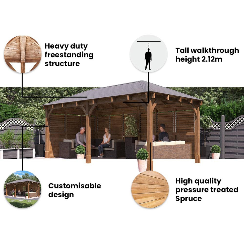 Dunster House Leviathan 6 x 3m Brown Louvre Wall Garden Gazebo with Roof Shingles Image 6