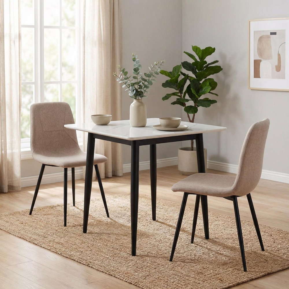 FWStyle Esme Set of 2 Light Brown and Black Linen Upholstered Steel Frame Dining Chair Image 5