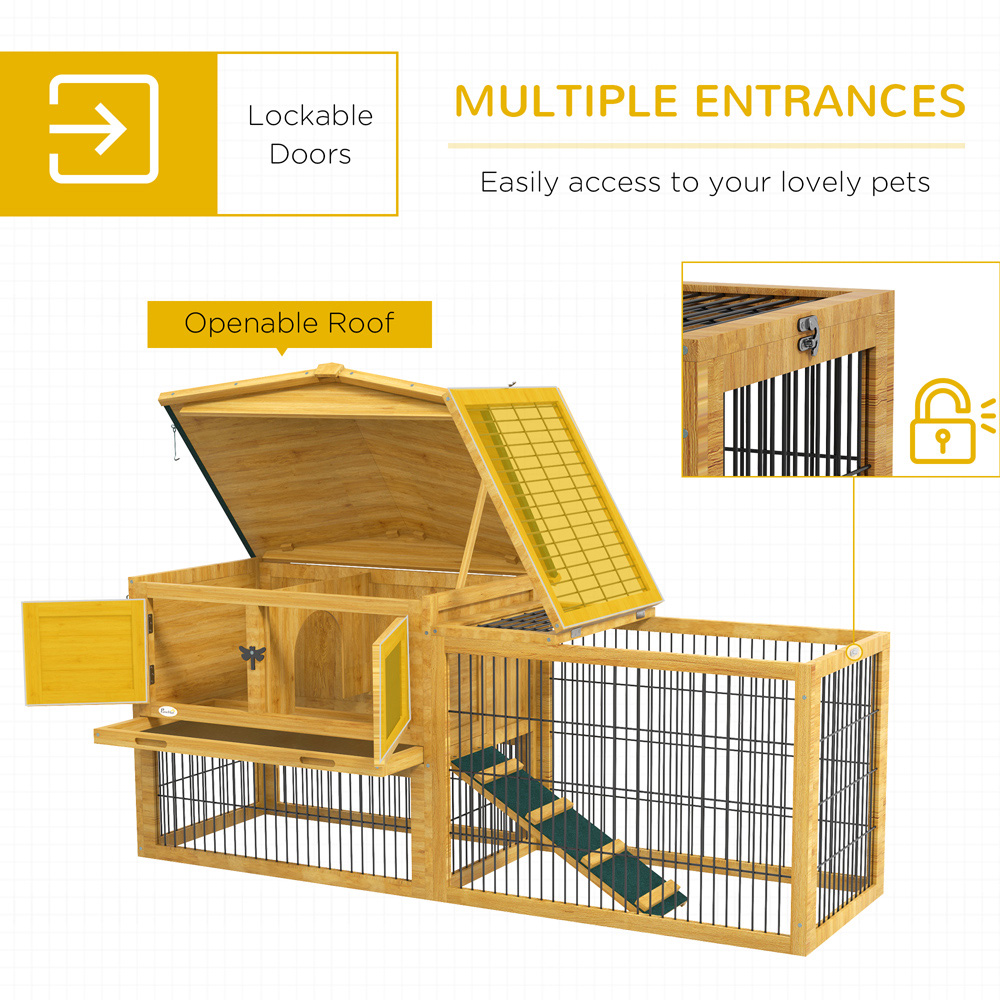 PawHut Yellow Wooden 2 Tier Rabbit Hutch with Ladder Image 4