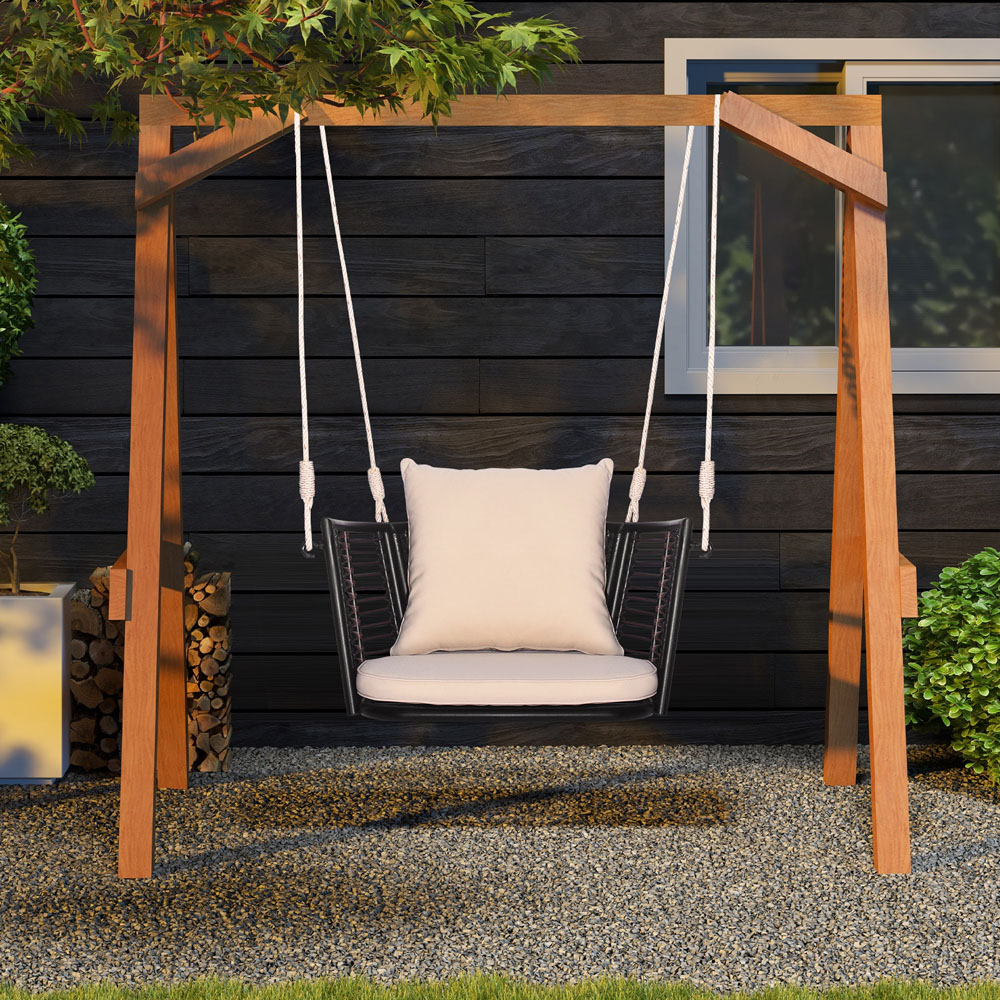 Costway Single Seater Brown Rattan Swing Basket Chair with Cushion Image 4