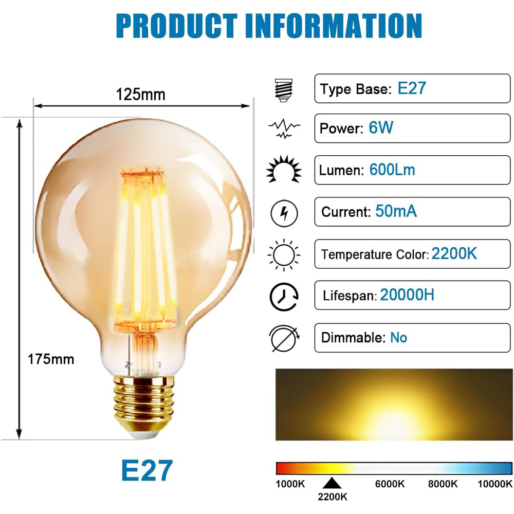 ExtraStar 2 Pack E27 6W G125 Ball LED Light Bulb Ornament Image 5