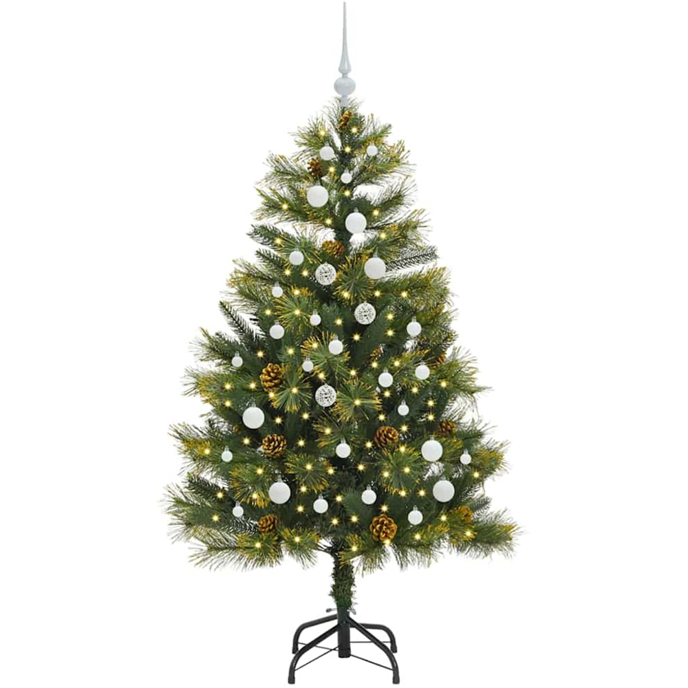 vidaXL Pre-Lit White Baubles and Pinecones Green Artificial Christmas Tree 5ft Image 1
