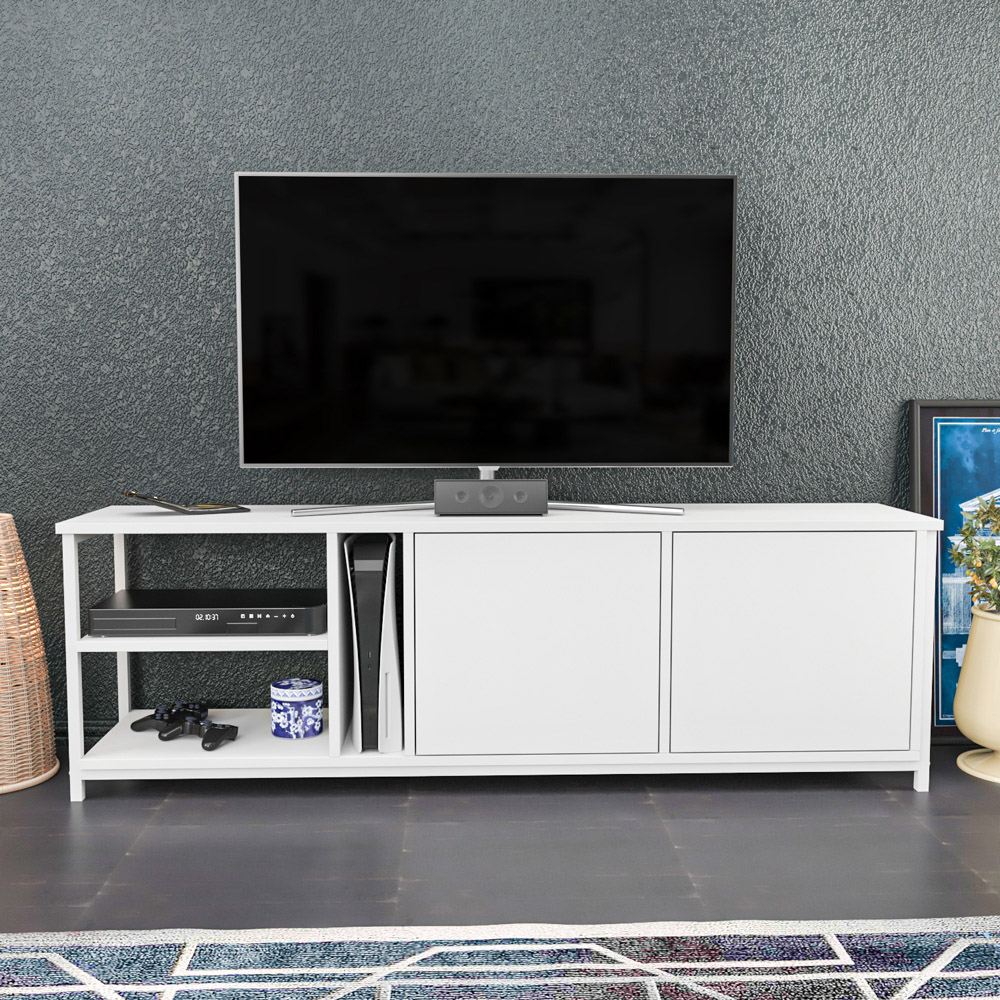 Decorotika Primrose 2 Door 3 Shelf White TV Stand for 72 inch TV Image 4