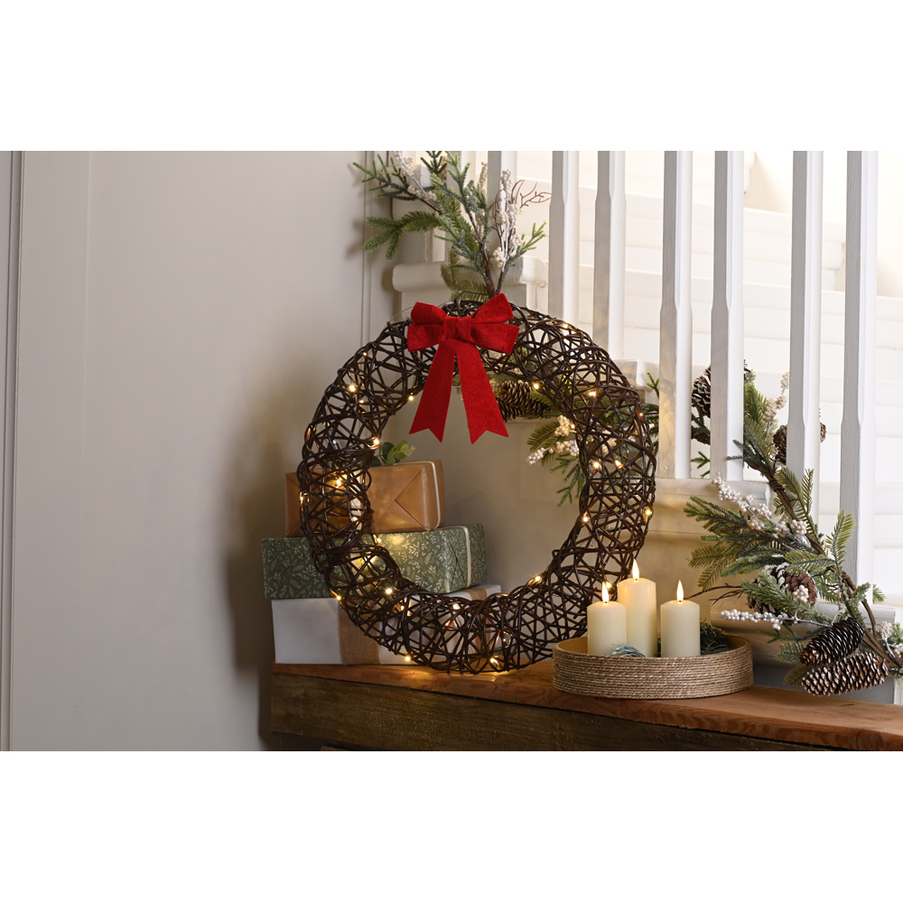 Festive Warm White LED Christmas Wreath with Red Bow 50cm Image 2
