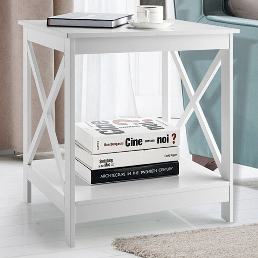 Costway Single Shelf White Wooden X-Shaped Bedside Table Image 1