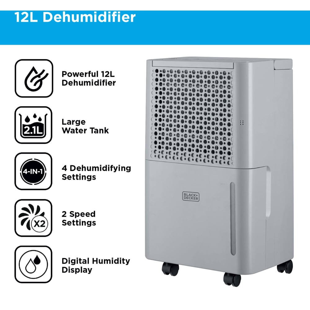 Black+Decker 12L Dehumidifier with 24H Timer and 2.1L Water Tank Image 3