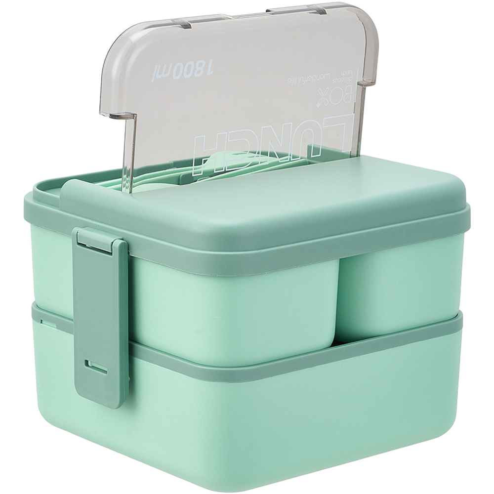 Living and Home 1.8L 2-Tier Green Lunch Box with Cutlery and 2 Top Compartments Image 2