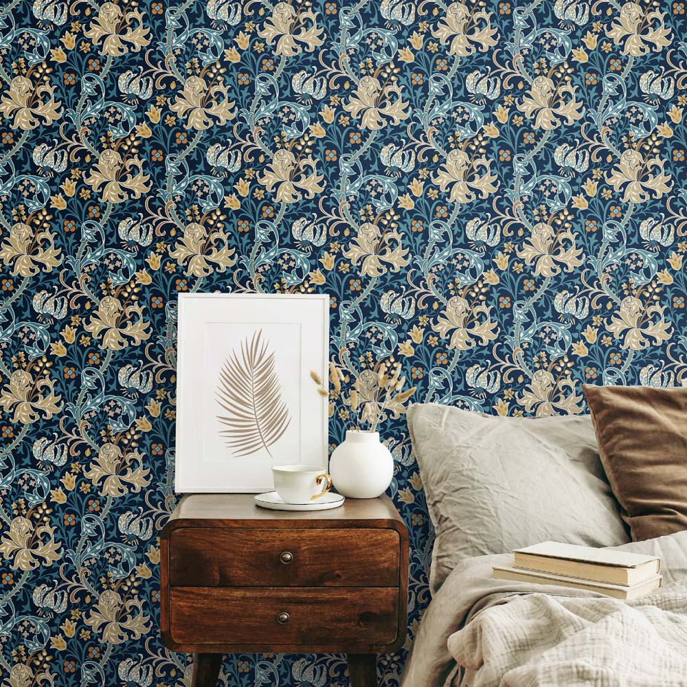 Hoopla Walls Lily Ogee Navy Blue Non Woven Wallpaper Image 2