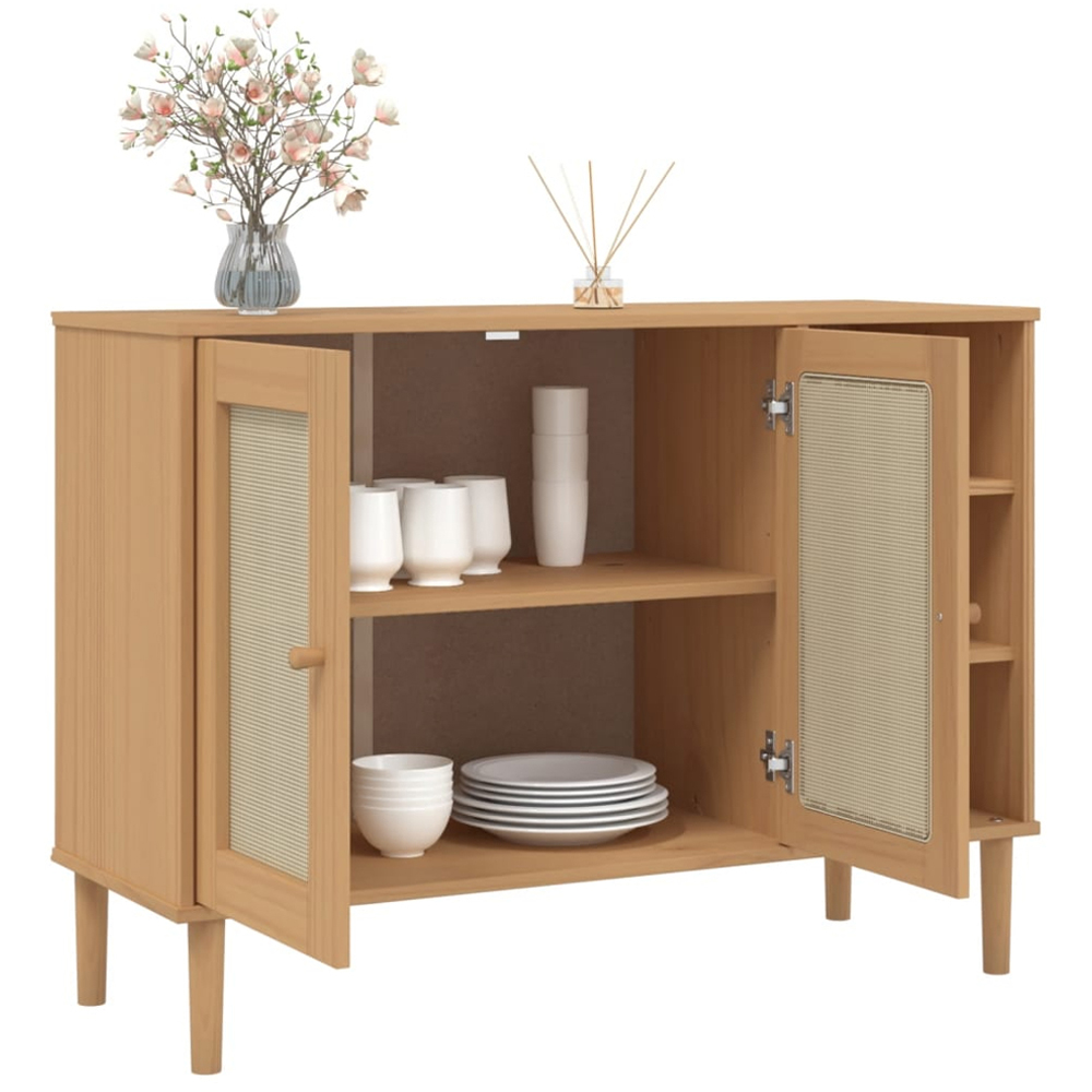 vidaXL 2 Rattan Door 3 Shelf Brown Pine Wood Sideboard Image 4