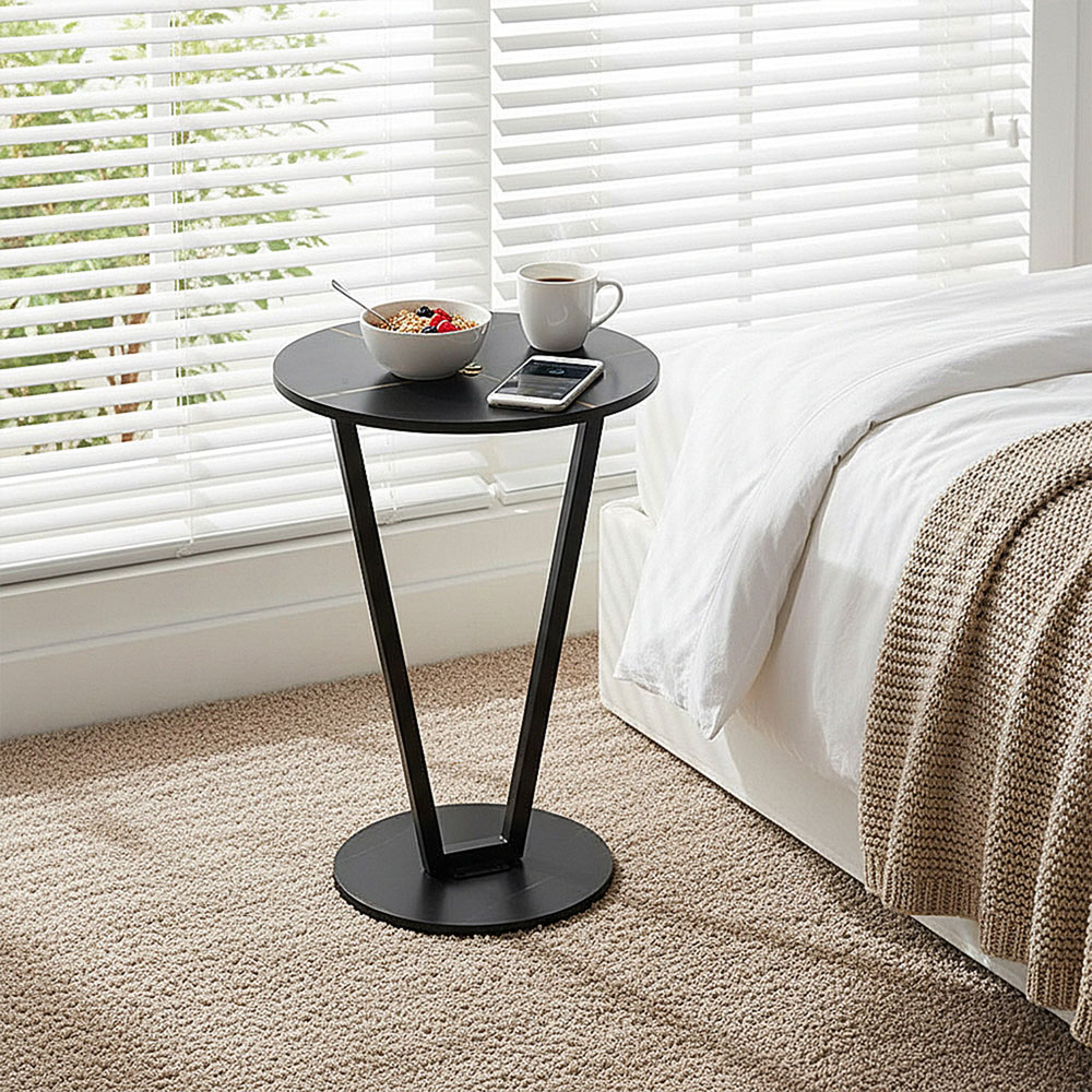 Living and Home Black Marble Effect Round Side Table with Steel Frame Image 8