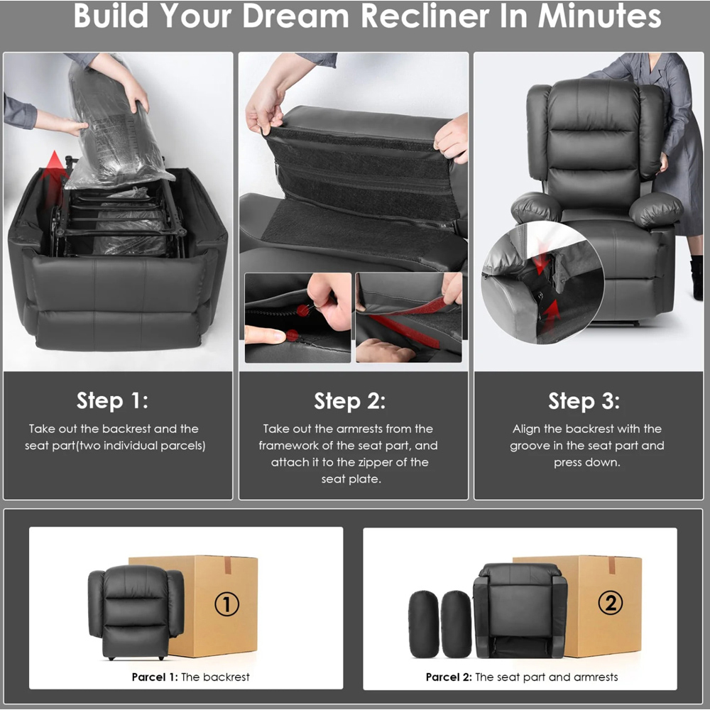 Rattrix Black PU Leather Manual Reclining Chair with Padded Backrest and Retractable Footrest Image 6
