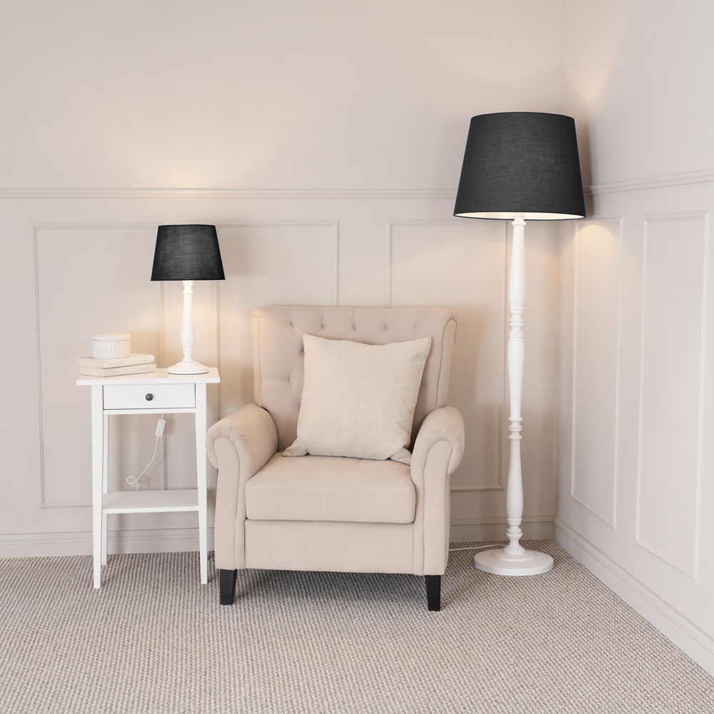 ValueLights Victoria Black Fabric Tapered Shade White Wood Traditional Stem LED Floor Lamp Image 4