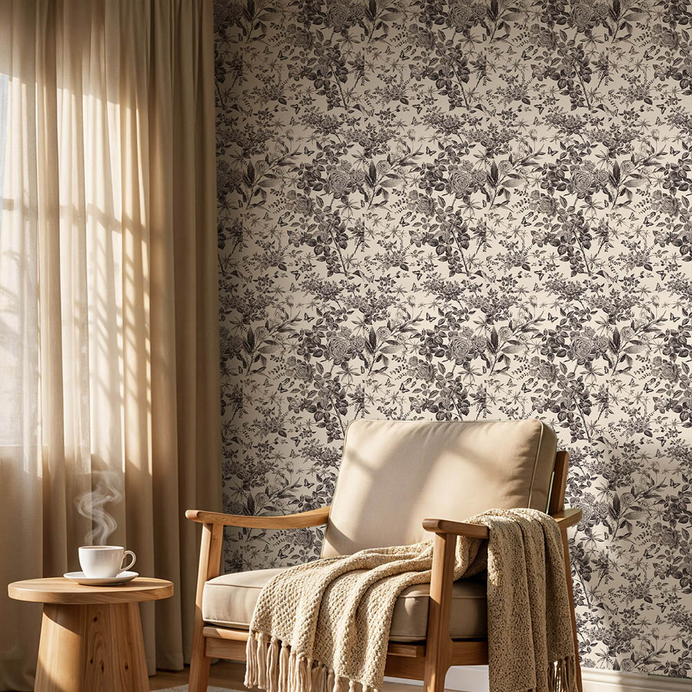 Living and Home Floral Pattern Beige and Black Peel and Stick Wallpaper Image 2