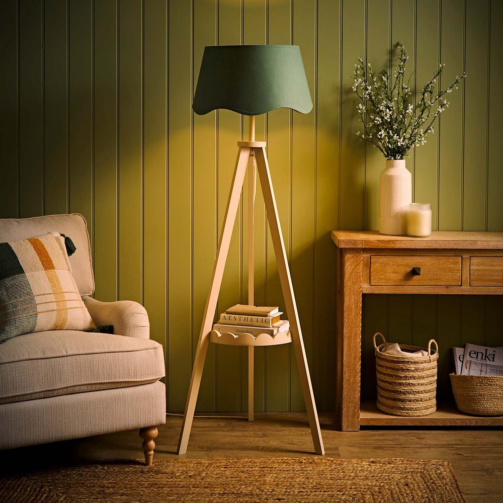 ValueLights Morrigan Sage Green Shade Cream Scallop Tripod LED Floor Lamp with Bulb Image 2