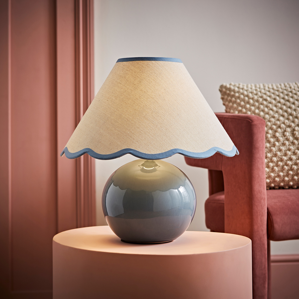 ValueLights Bosco Eucalyptus Teal Blue Trim Scallop Shade Ceramic LED Table Lamp Image 2