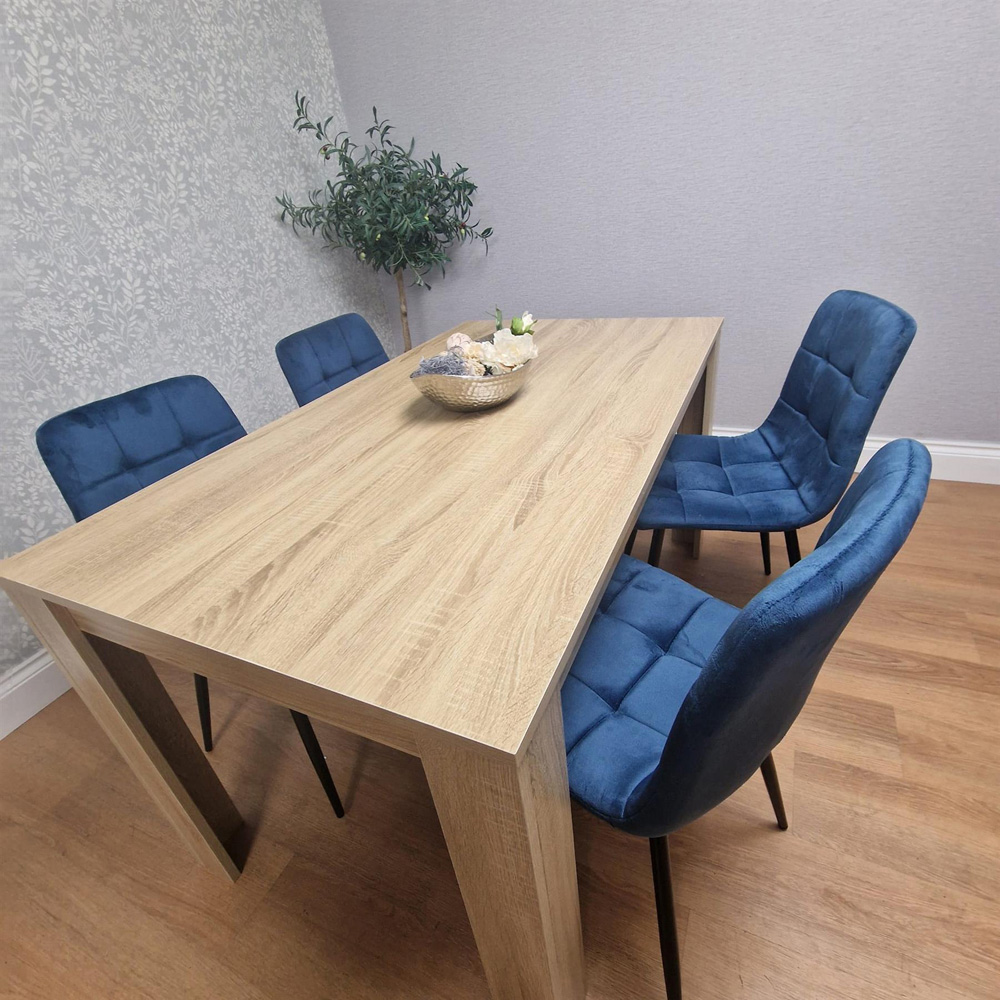 Portland 4 Seater Square Velvet Dining Set Oak Effect and Blue Image 3