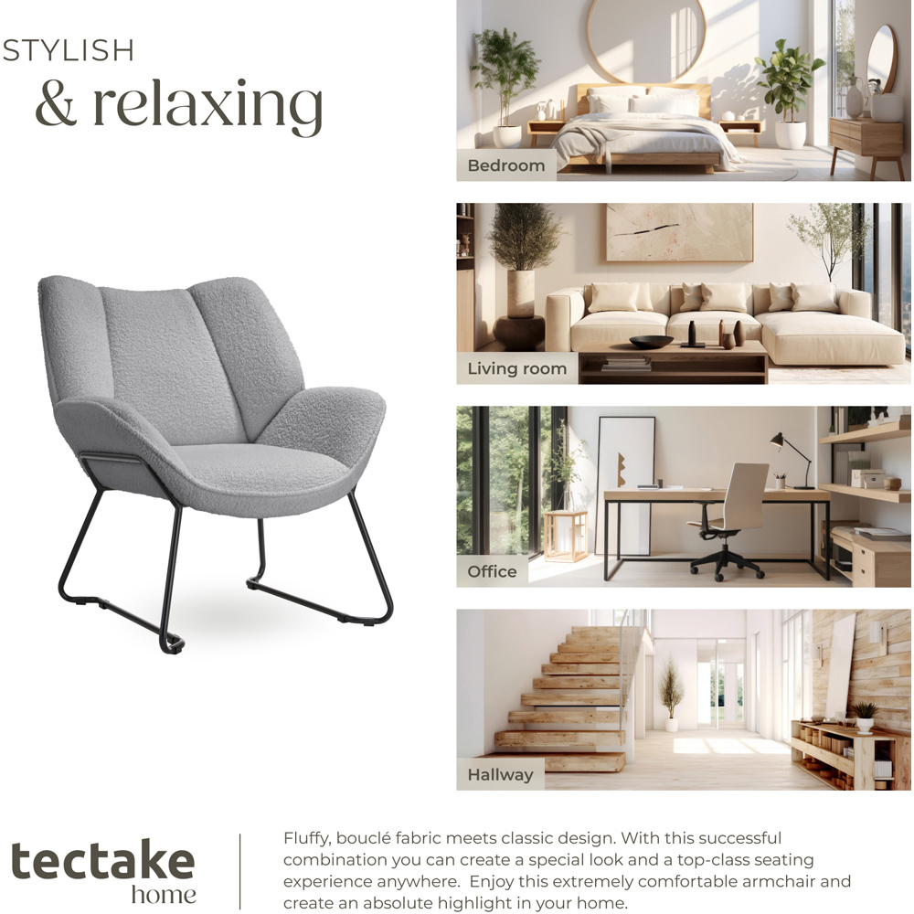 tectake Kjeld Light Grey Boucle Fabric Armchair Image 7