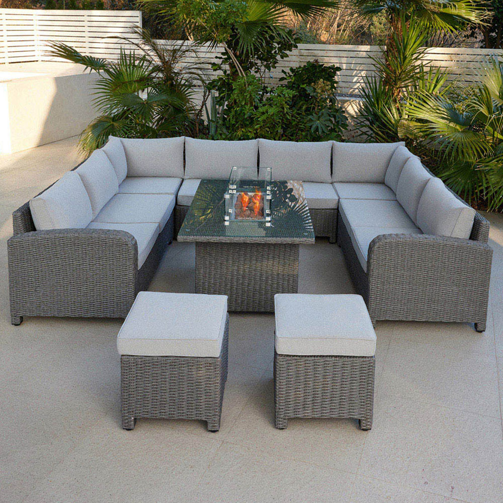 Home Detail Hadley 10 Seater Dark Grey Rattan U Shape Garden Sofa Set with Fire Pit Table Image 1
