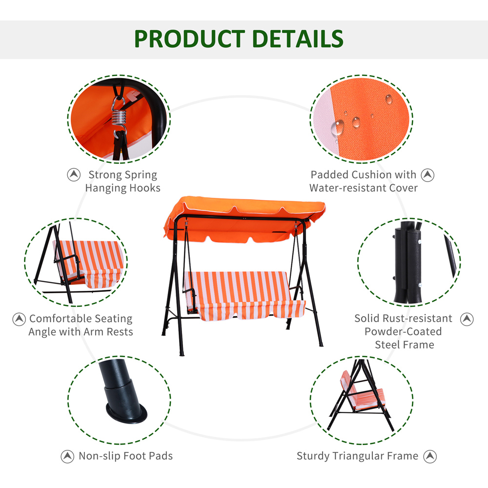 Outsunny 3 Seater Orange Garden Swing Chair with Canopy Image 5