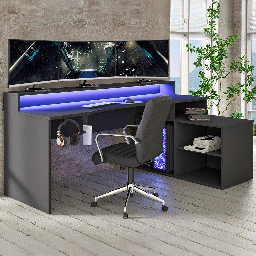 Flair Power W Colour Changing LED L Shaped Corner Gaming Desk Black Image 1