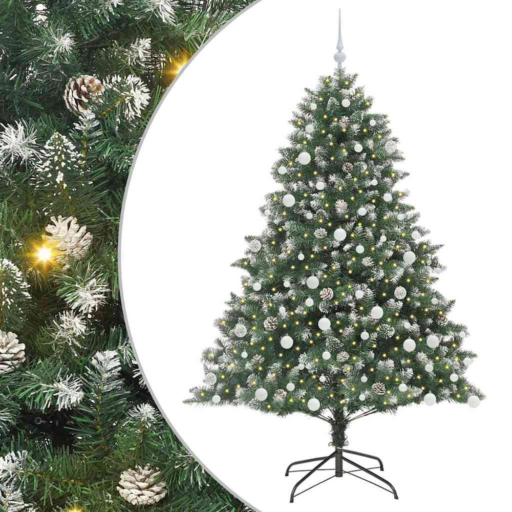 vidaXL Pre-Lit White Baubles Green Artificial Snow Tipped Christmas Tree 6ft Image 2