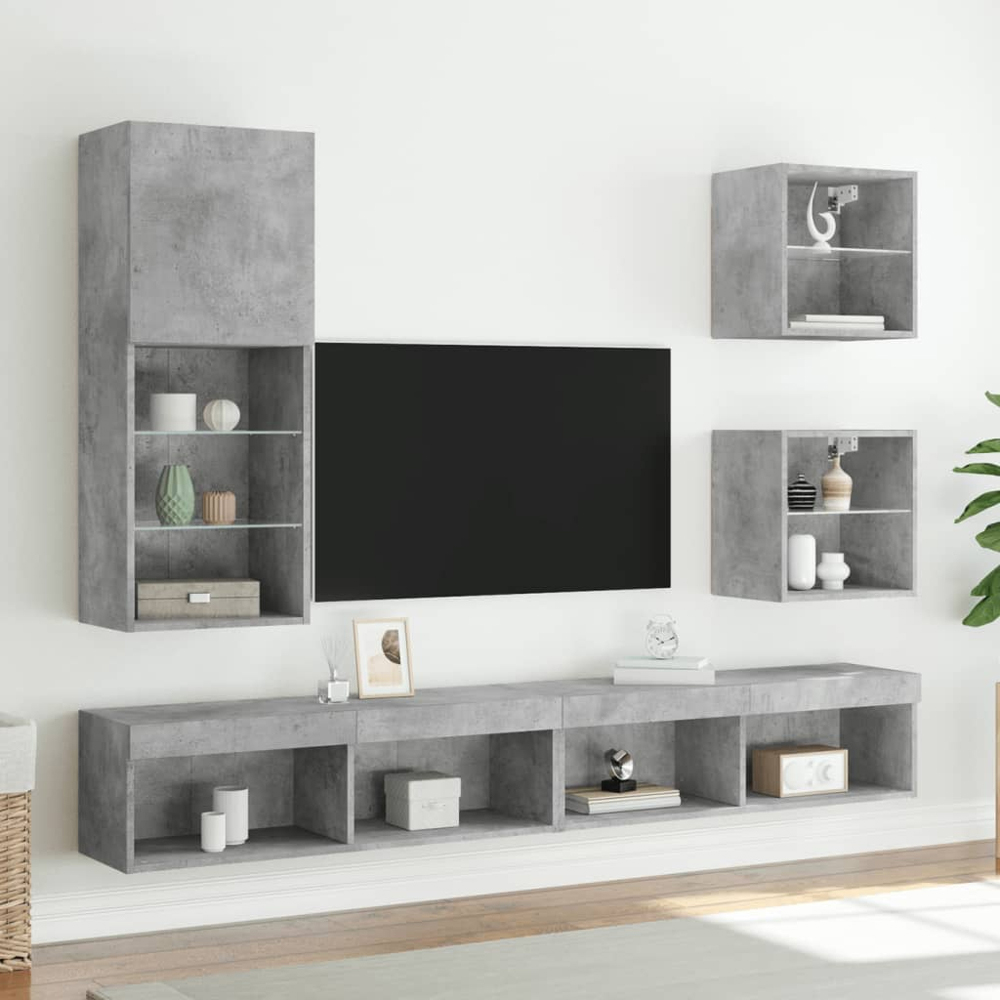 vidaXL Single Door 3 Shelf Concrete Grey Wall Mounted TV Cabinet with LED Lights Image 9