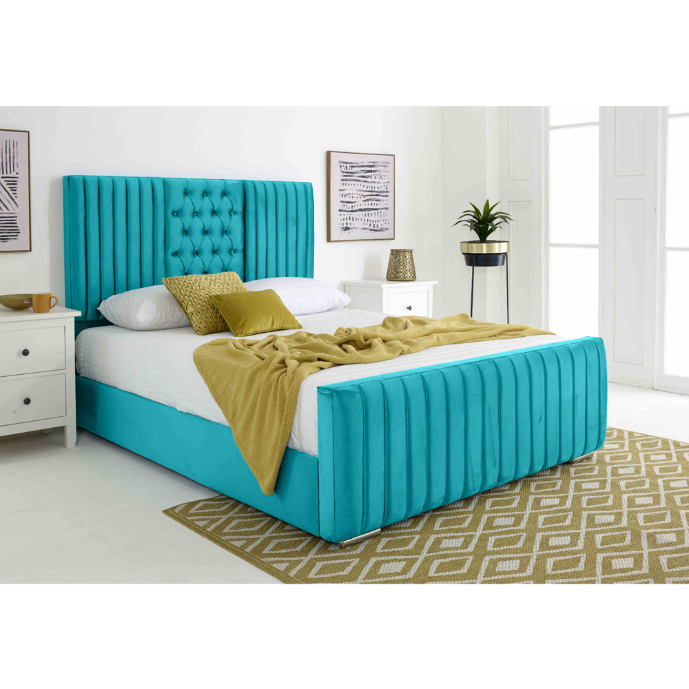Eleganza Gracie Double Teal Plush Velvet Bed Frame with Lined Headboard Image 3