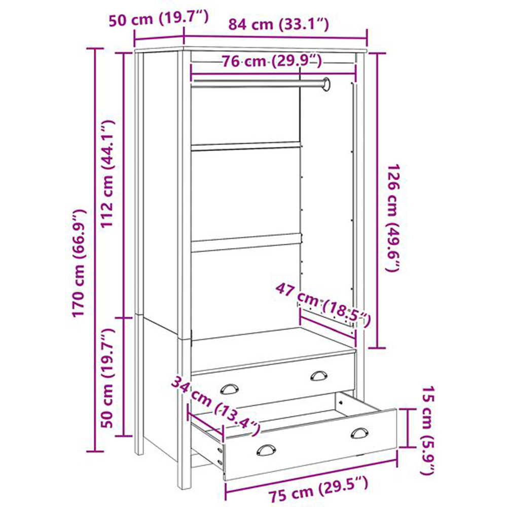 vidaXL Hill 2 Drawer Honey Brown Solid Pine Wood Open Wardrobe Image 6