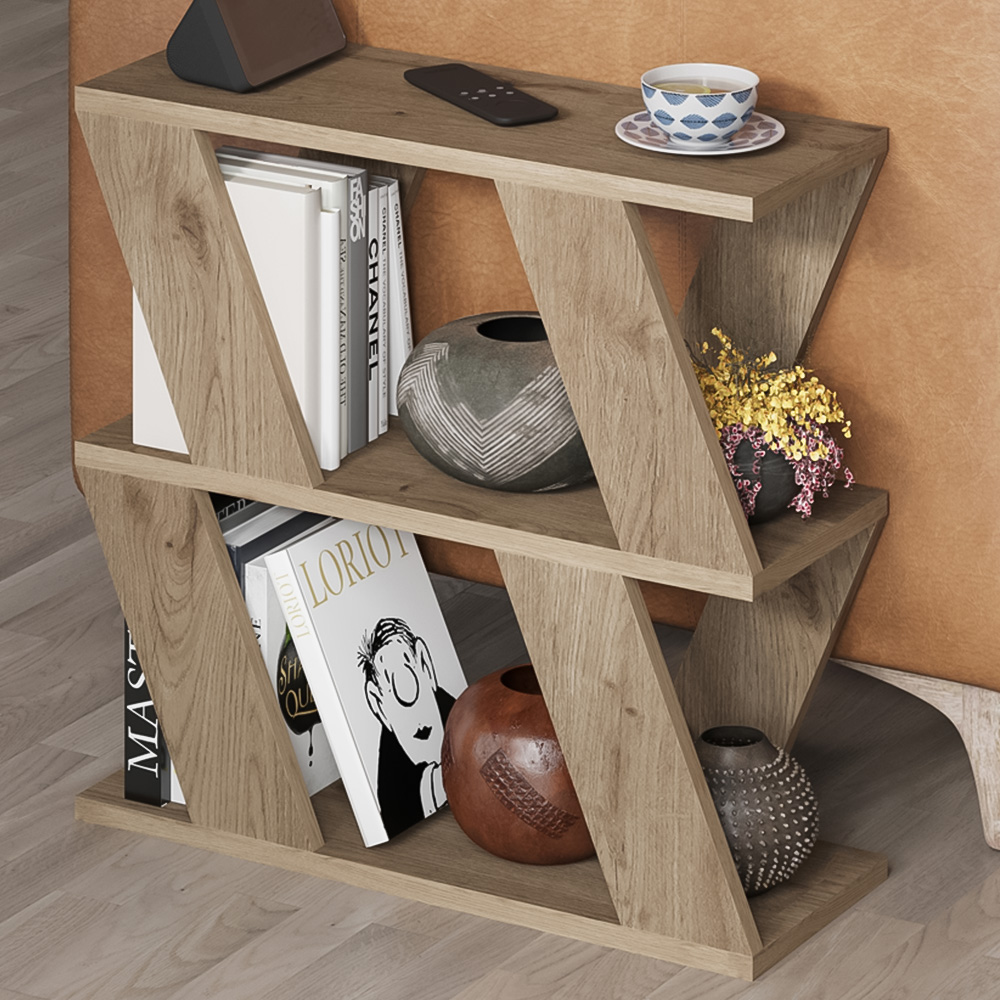 Decortie Lazena 3 Shelf Oak Effect V-Shaped Coffee Table Image 1