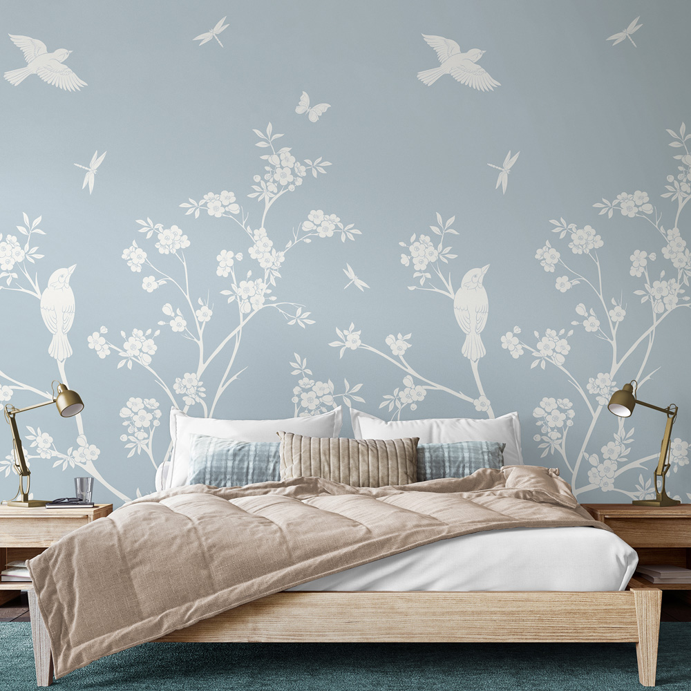 Origin Murals Repeatable Blossom Trail Wedgewood Blue 3 Drop Wall Mural Image 3
