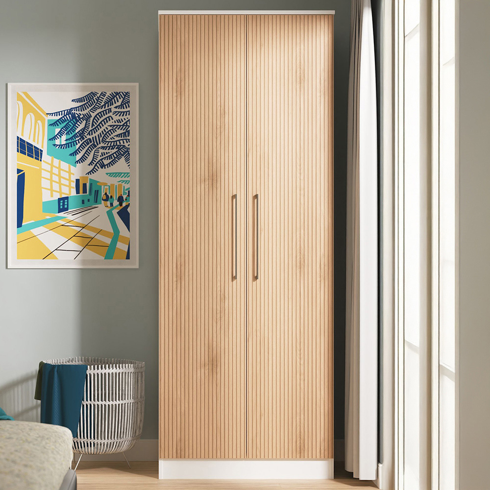 Crowndale 2 Door Slatt Effect and White Tall Wardrobe Ready Assembled Image 1