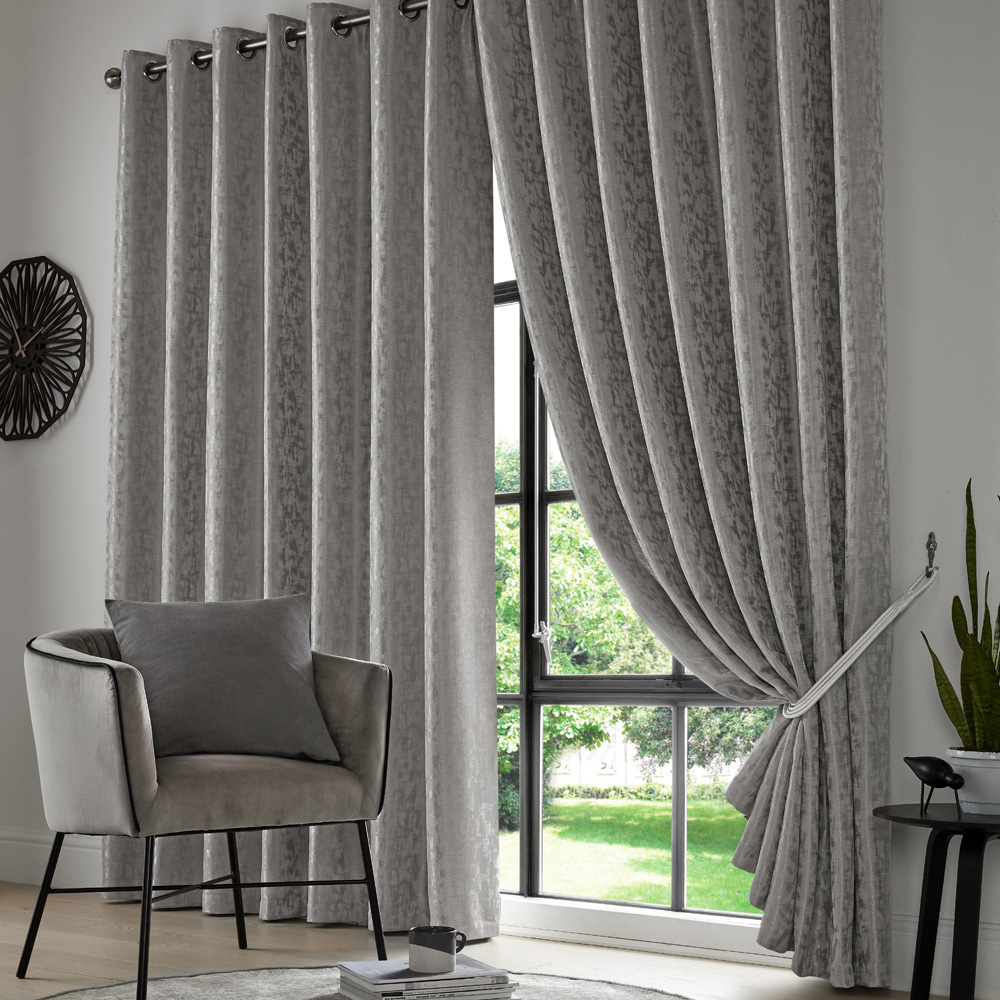 Alan Symonds Eswic Silver Marble Effect Jacquard Ring Top Eyelet Curtains 117 x 137cm Image 1
