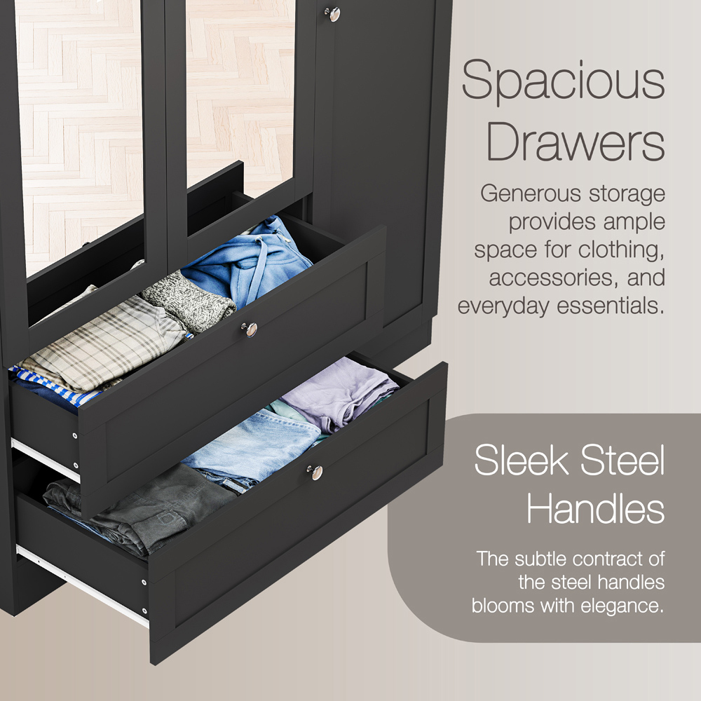 VIDA DESIGNS Altino 3 Door 2 Drawer Black Shaker-Style Mirrored Wardrobe Image 7