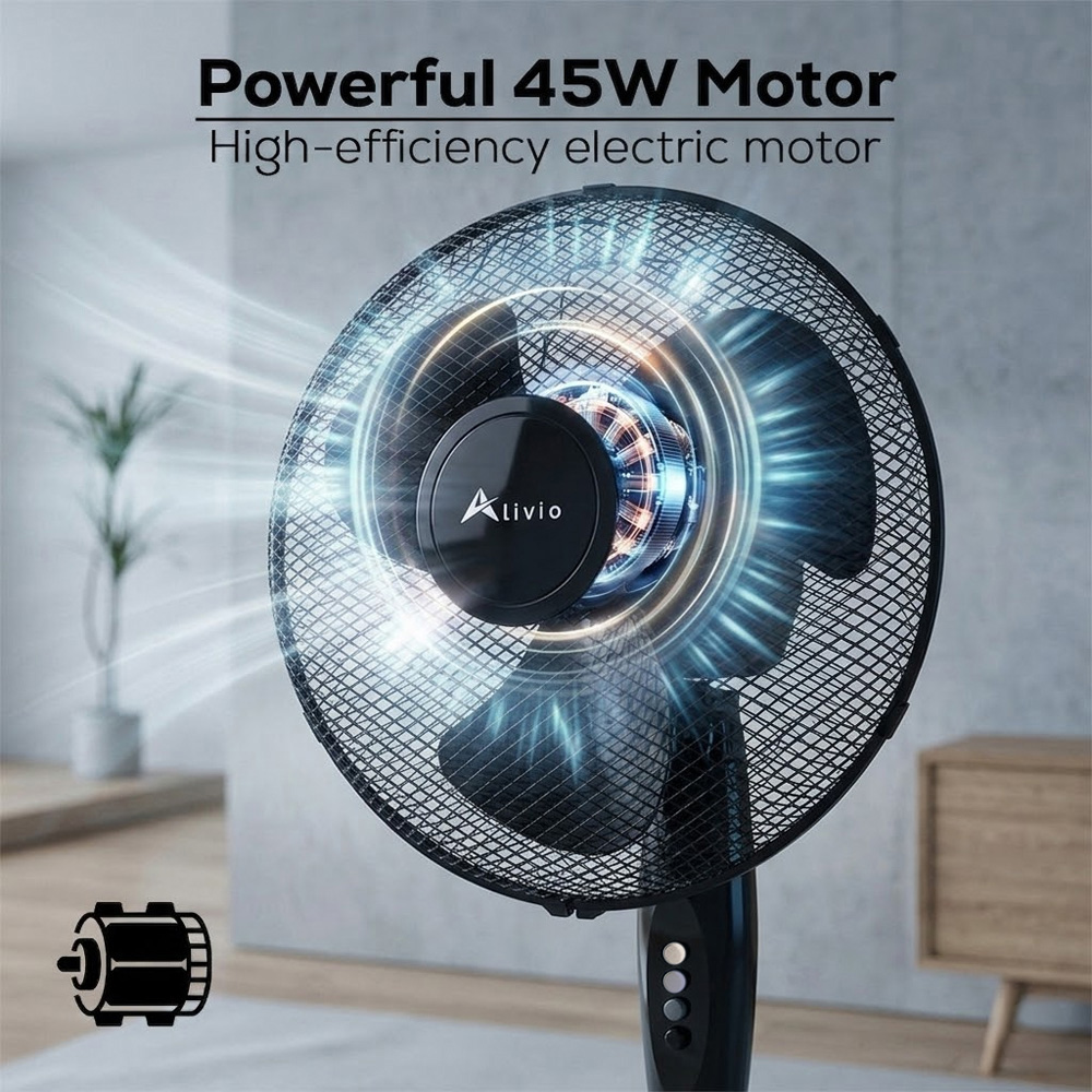 Alivio Black 3 Blade Quiet Adjustable Oscillating Pedestal Floor Fan 45W Image 4