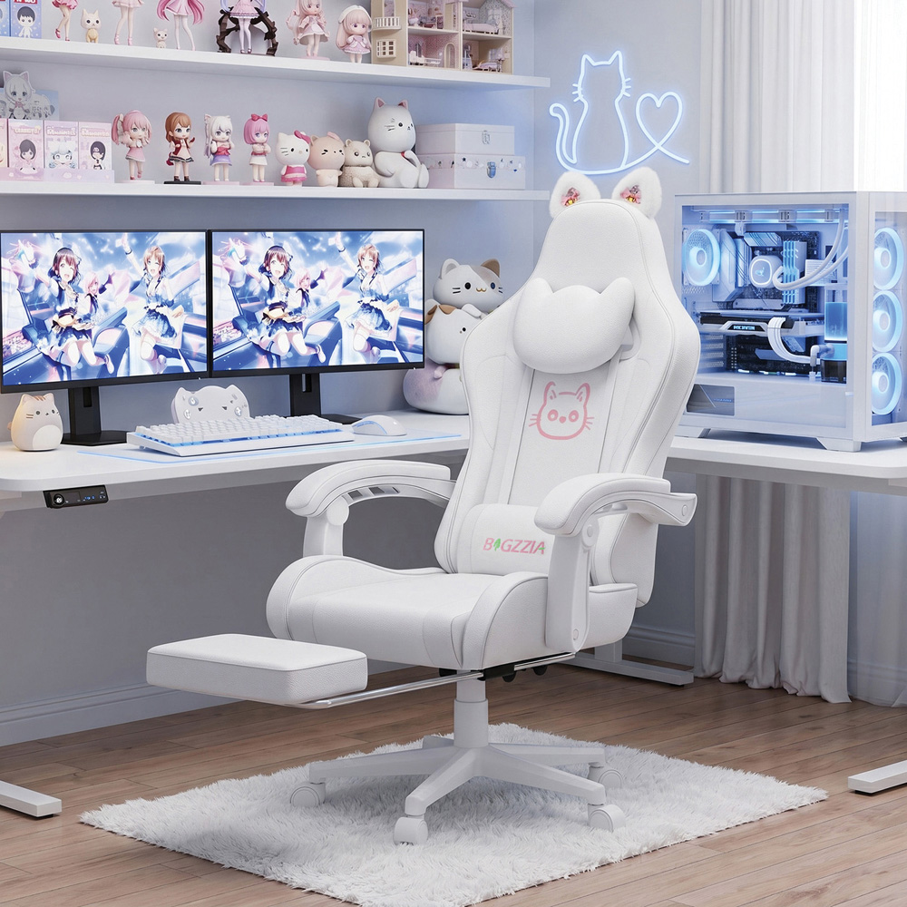 Rattrix White Cat Ears Gaming Chair with Massage Lumbar Support and Footrest Image 4