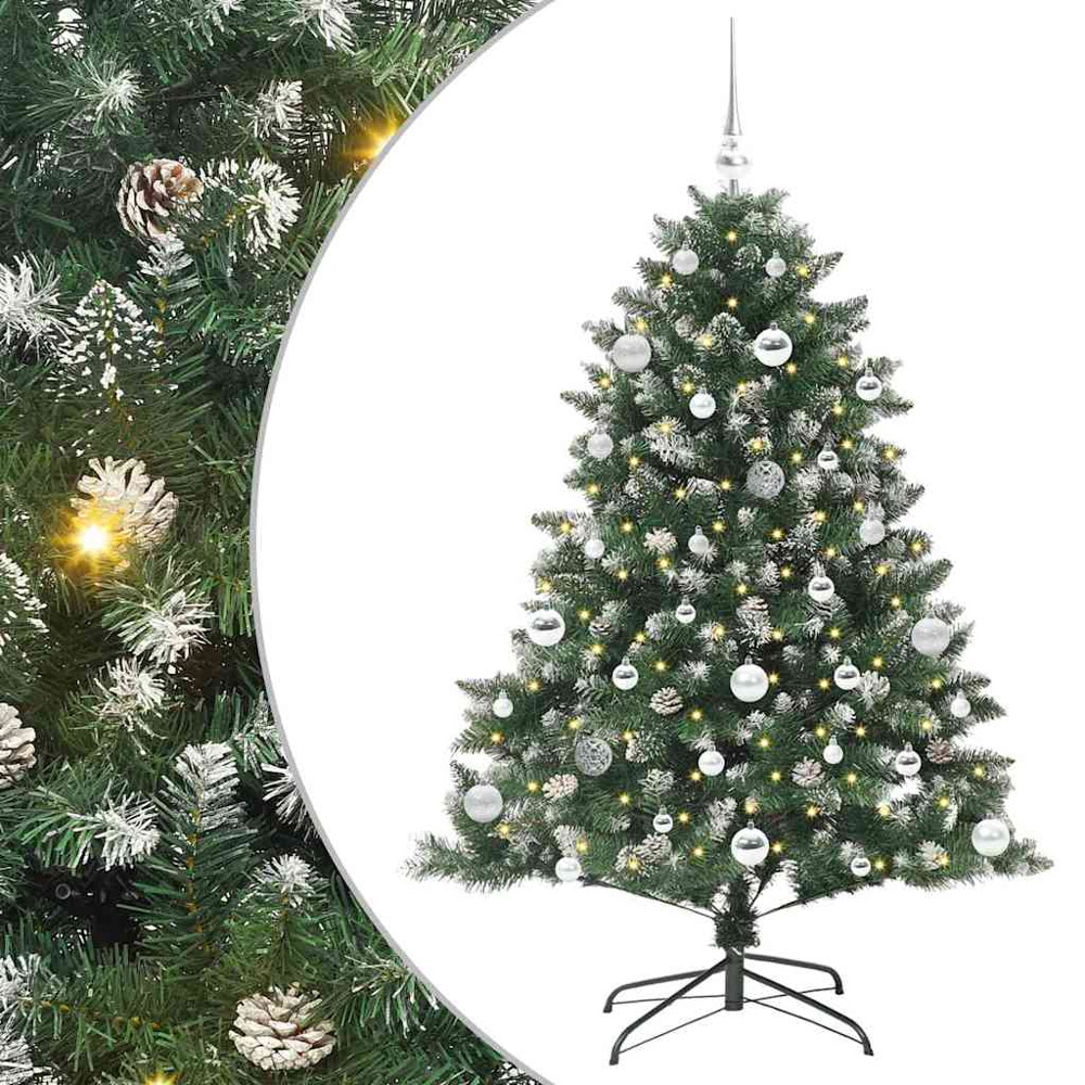 vidaXL Pre-Lit Silver Baubles Green Artificial Snow Tipped Christmas Tree 5ft Image 2