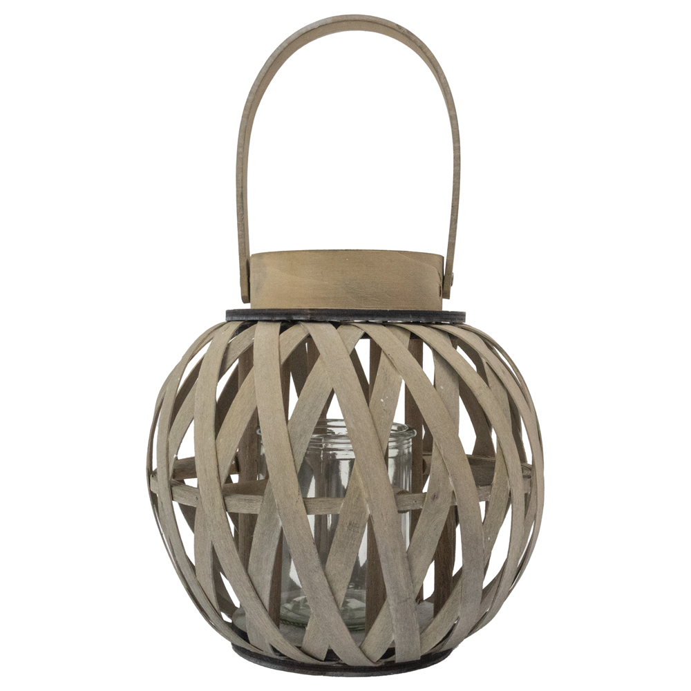 JVL Luna Antique Wash Natural Wood Round Lantern with Handle 2 Pack Image 4